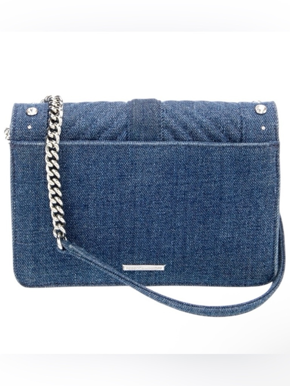 Rebecca Minkoff Edie Studded Pearl Denim Crossbody Bling Chain Bag RARE Like New - Picture 3 of 10